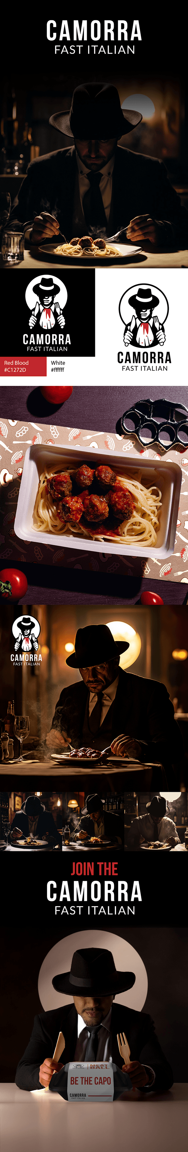 Camorra Fast Italian logo, campaign imagery and packaging concept