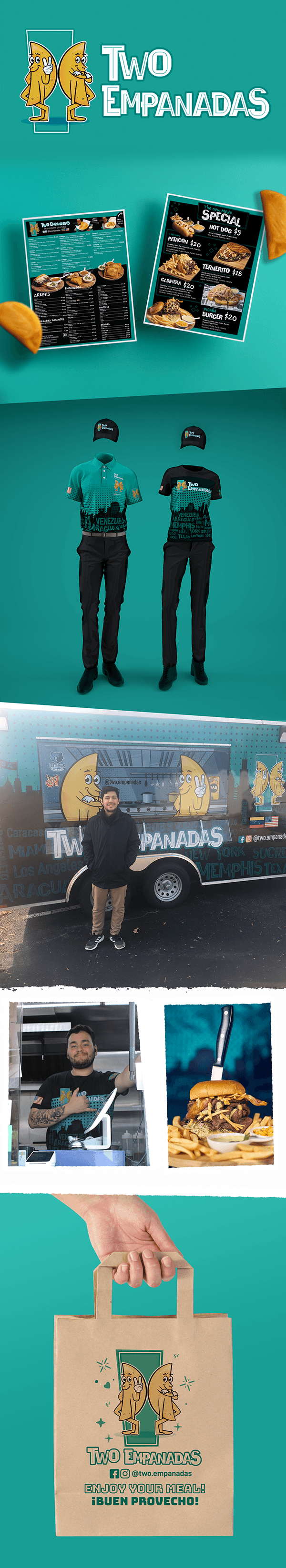Two Empanadas food truck identity, menus, uniforms and packaging