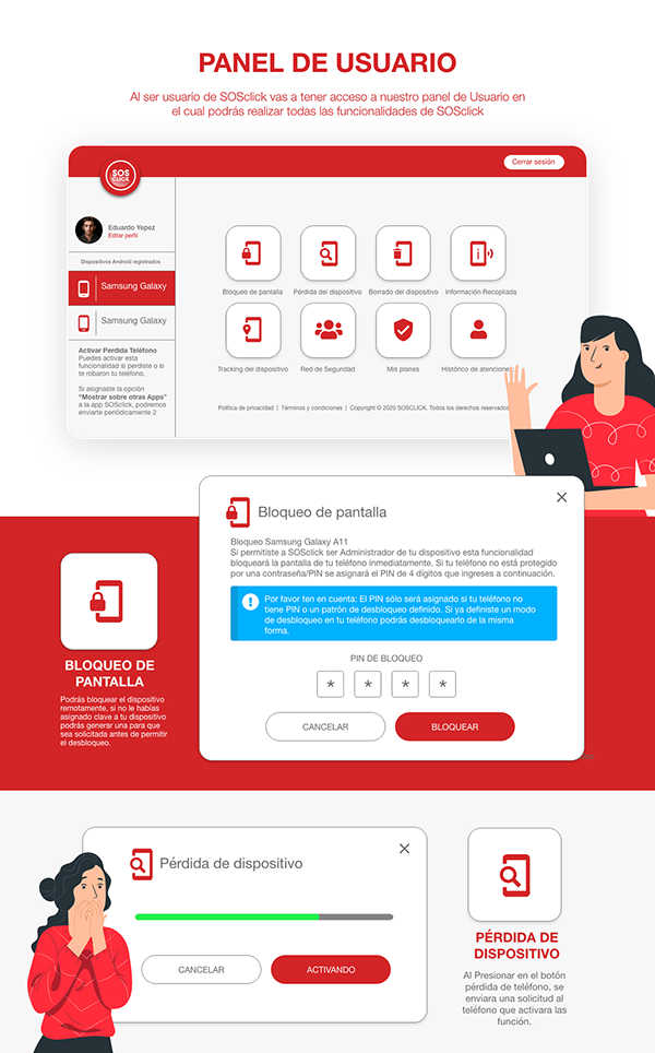 SOSClick user panel and modal flows