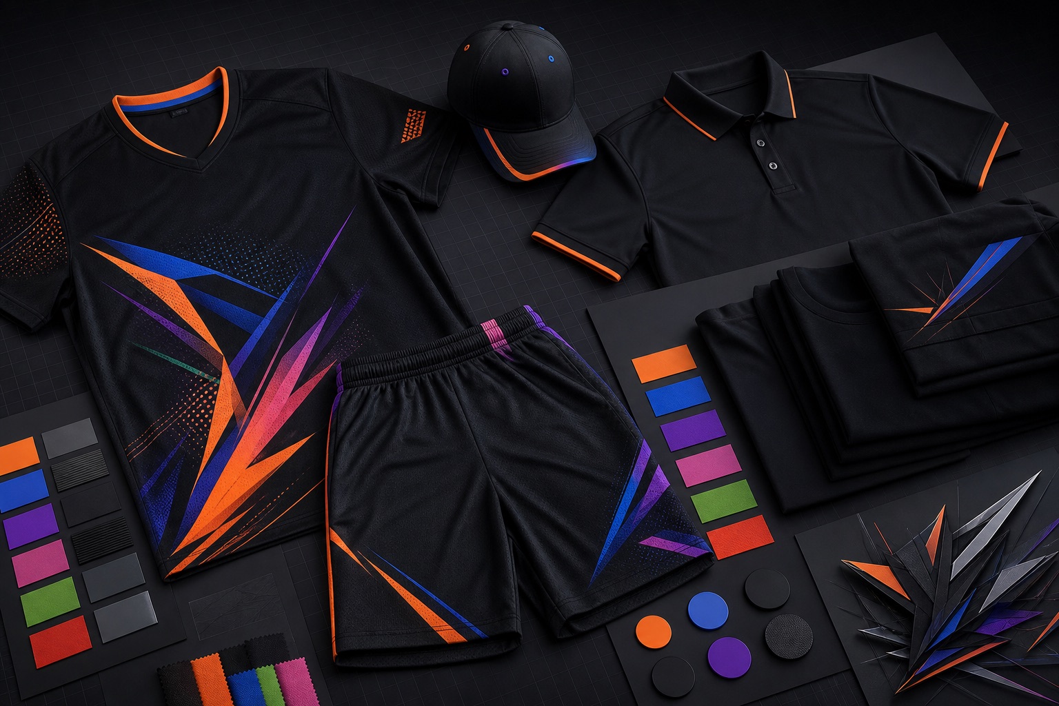 Custom sports kit and company apparel mockups with Eye Design Co color accents